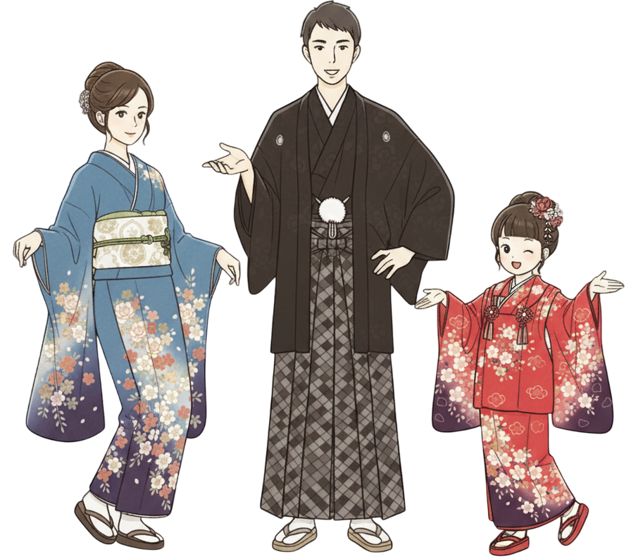 着物を着た家族のイラスト